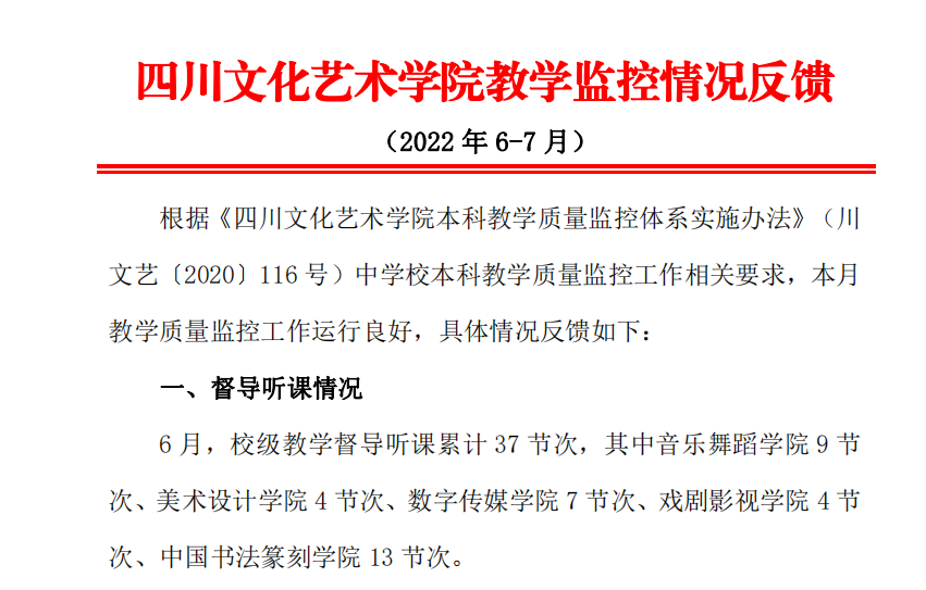 四川文化艺术学院教学监控情况反馈（2022年6-7月）