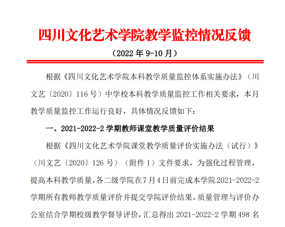 四川文化艺术学院教学监控情况反馈（2022年9-10月）